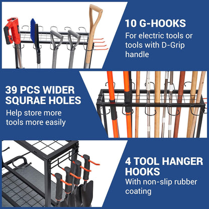 Garden Tool Organizer, Yard Tools Rack Holds 55 Long-Handled Tools/Rakes/Brooms for Garage Organization and Storage, Shed, Outdoor, Lawn, Heavy-Duty Steel, Black, Easy Assembly