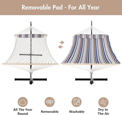 ANOW Outdoor Double Hammock with Stand, Portable Hammock with Detachable Pillow and Pad for Garden Yard Outside, 450 LBS Weight Capacity, Blue Seaside