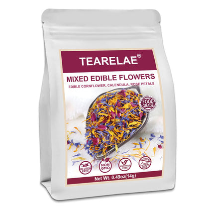 TEARELAE - Mixed Edible Flowers - Premium Rose, Cornflower, and Calendula Petals - Edible Cake Decorations - Pure Natural - Caffeine-Free - for Drink, Tea, Salad and Soap - 0.49oz/14g