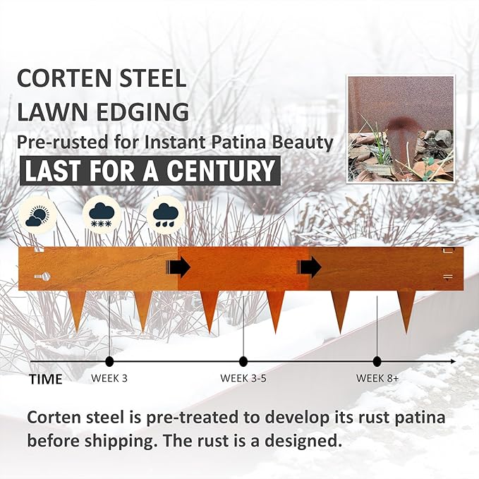 20ft (6-Pack) Cor-Ten Steel Landscape Edging – 40" x 8" Flexible Pre-Applied Rust Patina Garden Border