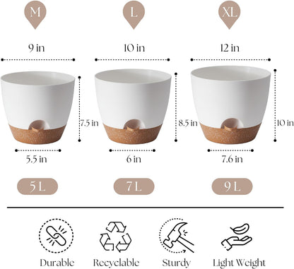 Plant Pots 12/10/9 inch Set of 3, Self Watering Flower Pots Indoor Outdoor, Planters with Drainage Hole Saucer Reservoir, White