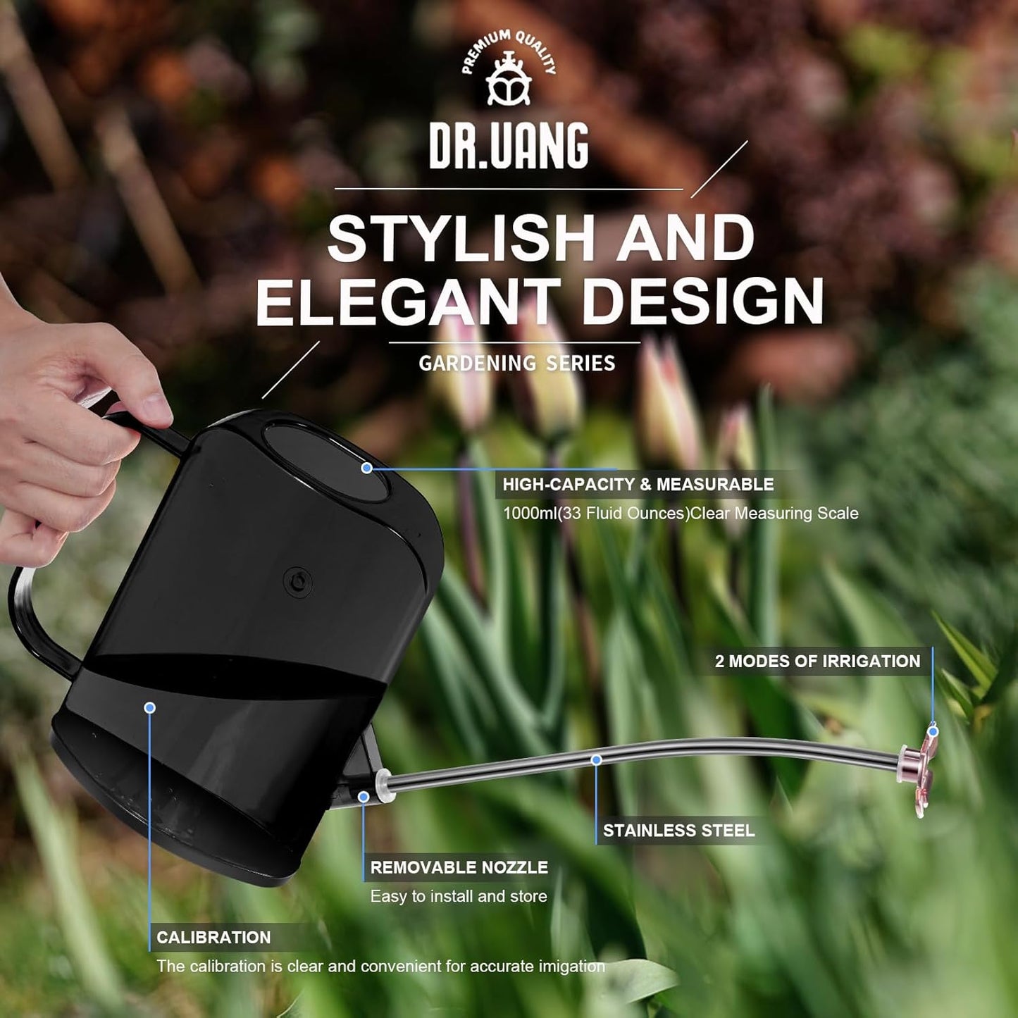 Watering Can Indoor for House Plants Small Watering cans with Long Spout Flower Model Sprinkler Head 1.2L (Black Coffee, 1.2L)