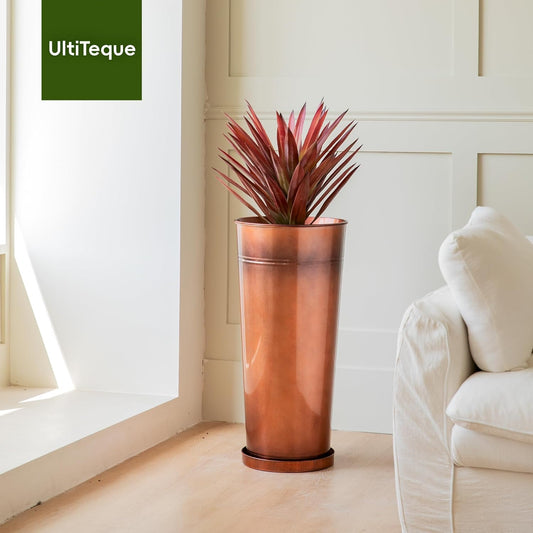 28in Tall Antique Copper Metal Vintage Planter Set of 2,Galvanized Steel Planter Pots for porches/Indoor/terraces Patio- Copper Color(2planters,2inner pots with Holes, 2trays)