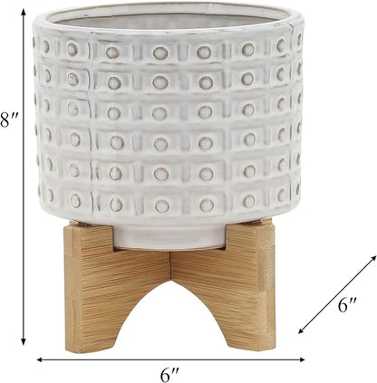Sagebrook Home Ceramic Planter with Stand - Textured Stoneware Pot with Bamboo Wood Base - Modern Indoor & Outdoor Plant Holder - 8" Ivory