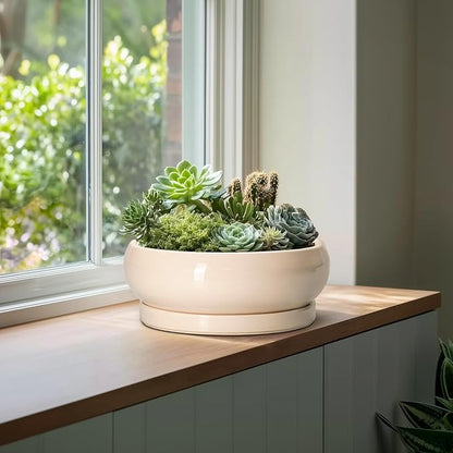 Large Succulent Planters - 13 Inch Ceramic Bonsai Pots Indoor Outdoor, Shallow Planter with Drainage Hole and Tray, Round Planter Bowl, Large Bonsai Pot, Home Decor, Housewarming Gift, Beige