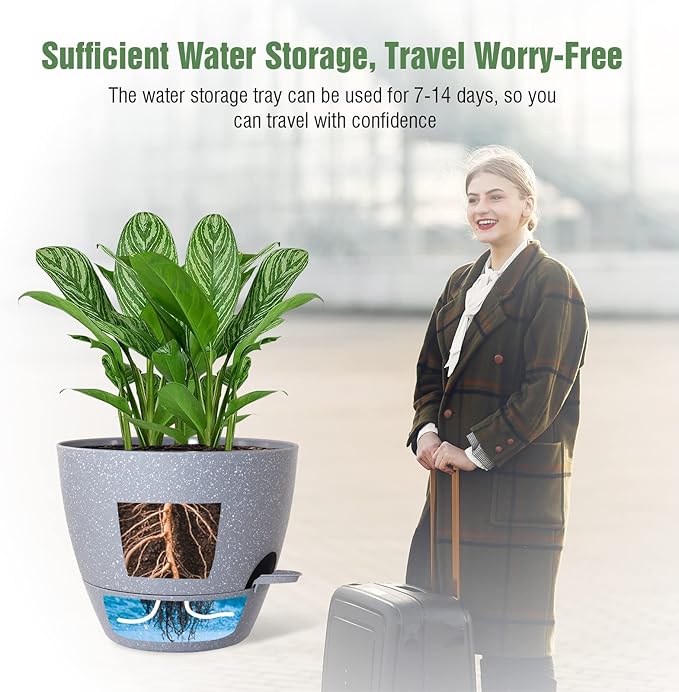 10 inch Self Watering Planters, 2 Pack Large Plastic Plant Pots with Deep Reservior and High Drainage Holes for Indoor Outdoor Plants and Flowers, Speckled Grey