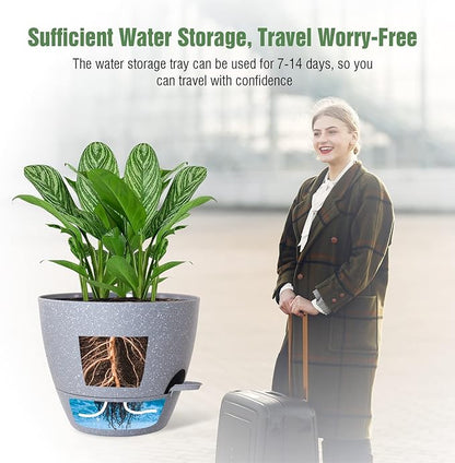 10 inch Self Watering Planters, 2 Pack Large Plastic Plant Pots with Deep Reservior and High Drainage Holes for Indoor Outdoor Plants and Flowers, Speckled Grey