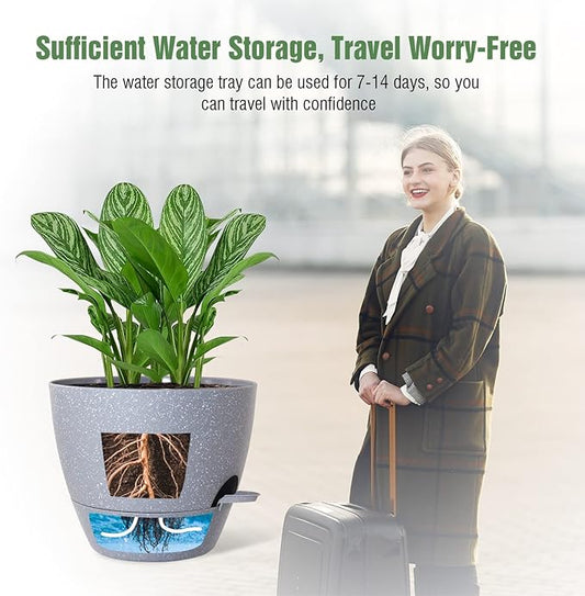 10 inch Self Watering Planters, 2 Pack Large Plastic Plant Pots with Deep Reservior and High Drainage Holes for Indoor Outdoor Plants and Flowers, Speckled Grey