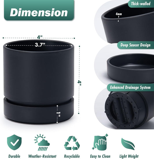 Phoenix Vine 4 Inch Planter Pot with Drainage Hole & Saucer, Deep Water Catch Tray, Straight Cylindrical Round Pot for Plants, Matte Black, Pack of 4, 23-C-R-4