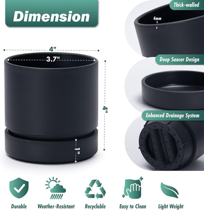 Phoenix Vine 4 Inch Planter Pot with Drainage Hole & Saucer, Deep Water Catch Tray, Straight Cylindrical Round Pot for Plants, Matte Black, Pack of 6, 23-C-R-6