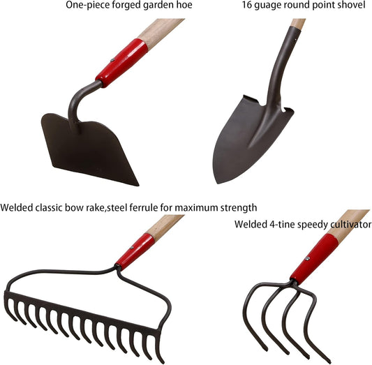 GardenAll 7-Piece Shovels Rakes Hoe Set Garden Tools Gifts for Women Long Wood Handle Pointy Shovels for Digging Short Handle Shovel Meteal Rakes Cultivator Set