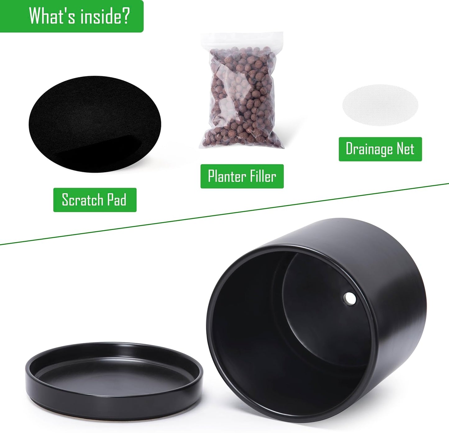 D'vine Dev 8.2 Inch & 10 Inch Ceramic Planter Pot for Plants with Drainage Hole and Saucer, Large Plant Pots Set, Black, 94-G-L-2