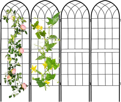 LZRS 4 Pack 71x20in Rustic Iron Arch Decoration Garden Trellis with Black Metal Coating – Perfect for Supporting Climbing Plants Outdoor, Roses, Vines, Flowers, and Vegetables.