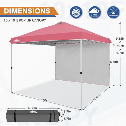 EAGLE PEAK Pop Up Canopy Tent with 1 Sidewall, Easy Setup Event Tent, Outdoor Sun Shade, Wheeled Carry Bag, Stakes and Guy Ropes, Instant Canopy 10x10, Peach Pink