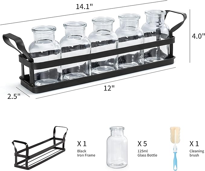 Mkono Propagation Stations with Metal Stand, Desktop Plant Terrarium Glass Planter Vase for Hydroponic Plants Flower Cutting Home Office Garden Decor Plant Lover Gifts, 5 Jars