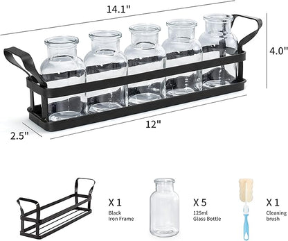 Mkono Propagation Stations with Metal Stand, Desktop Plant Terrarium Glass Planter Vase for Hydroponic Plants Flower Cutting Home Office Garden Decor Plant Lover Gifts, 5 Jars