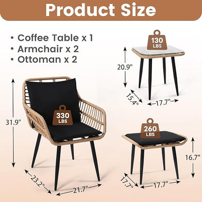 5 Piece Wicker Bistro Patio Conversation Furniture Set, Includes 2 Chairs, 2 Ottomans, and Side Table, Ideal for Porch, Balcony, Deck, Backyard, Natural