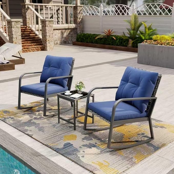 Bistro 3 Piece Patio Furniture Set, Patio Table and Rattan Outdoor Rocking Chairs Set of 2, Outdoor Bistro Conversation Set for Garden, Balcony, Poolside, Backyard, Blue