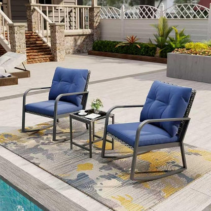 Bistro 3 Piece Patio Furniture Set, Patio Table and Rattan Outdoor Rocking Chairs Set of 2, Outdoor Bistro Conversation Set for Garden, Balcony, Poolside, Backyard, Blue