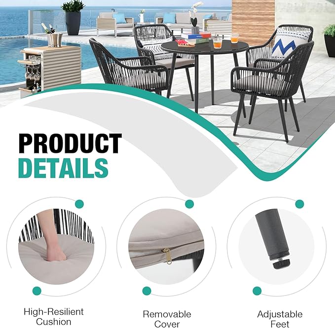 Patiorama 5-Piece Patio Dining Set,Outdoor Dining Table Chair Set,All-Weather Twisted Rattan Wicker Rope Conversation Set,Patio Furniture Set w/Umbrella Hole,4 Cushioned Chairs&Glass Table(Dark Black)