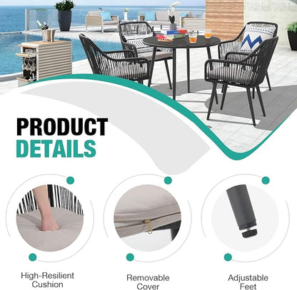 Patiorama 5-Piece Patio Dining Set,Outdoor Dining Table Chair Set,All-Weather Twisted Rattan Wicker Rope Conversation Set,Patio Furniture Set w/Umbrella Hole,4 Cushioned Chairs&Glass Table(Dark Black)