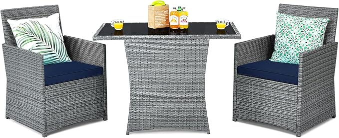Tangkula 3 Pieces Patio Dining Set, Patiojoy Space-Saving PE Rattan Bistro Set with Tempered Glass Top Table and Cushioned Chairs, Outdoor Conversation Set for Garden, Backyard, Poolside, Porch