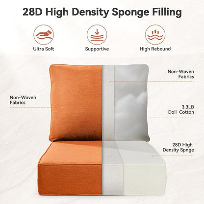 Luxury 6" Outdoor Cushions for Patio Furniture, 24x24x6" Thick Seat Cushion Set of 7, Fade Resistant Couch Chair Replacement Cushions High Density Deep Wicker Chair Cushion w/ Removable Cover, Orange