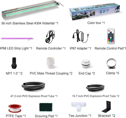 36" Water Pool Fountain 304 Stainless Steel Lighted Pool Waterfall Spillway with Wider Water Flow Platform, Multi-Color LED Strip Light with Remote Control for Indoor, Garden, Outdoor Decoration