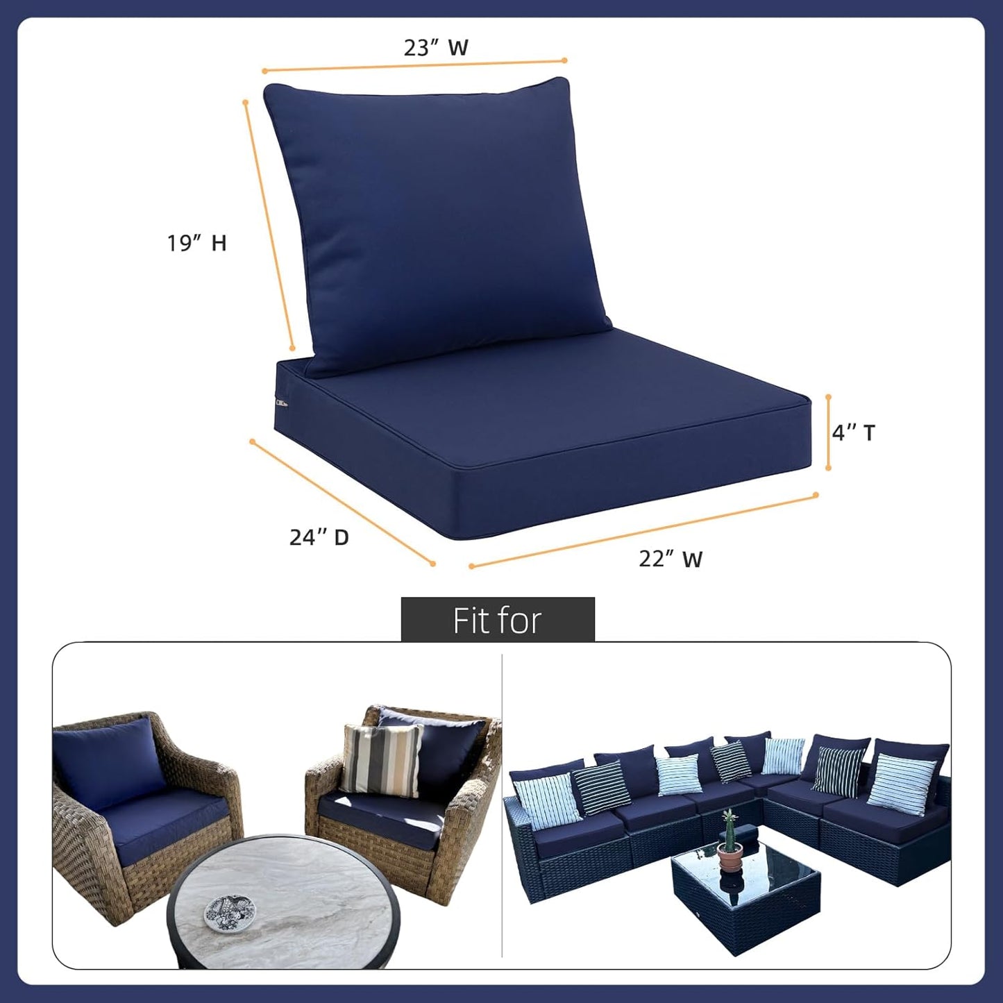 Favoyard Outdoor Seat Cushion Set 22 x 24 Inch Waterproof & Fade Resistant Patio Furniture Cushions with Removable Cover Deep Seat & Back Cushion with Handle and Adjustable Straps for Chair Sofa Couch