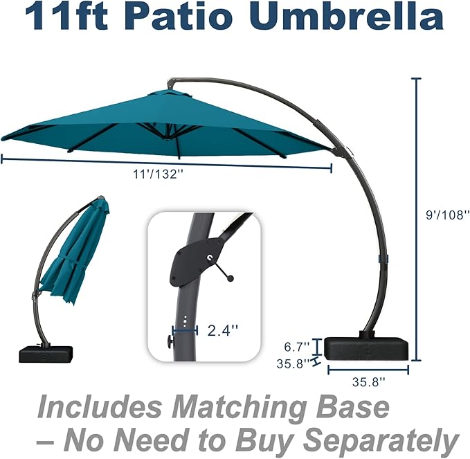 11FT Cantilever Umbrella with Base Large Curvy Outdoor Aluminum Offset Umbrella w/ 360° Rotation, UV Resistant Canopy for Patio, Garden, Backyard, Lake Blue