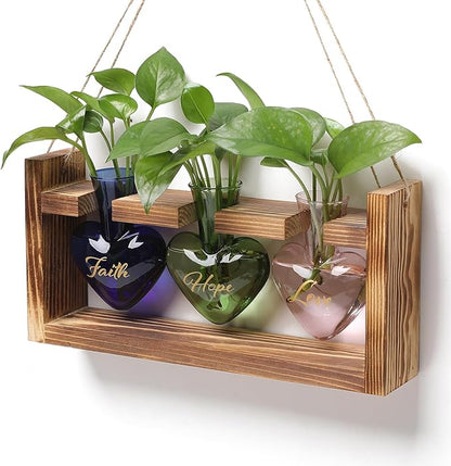 Plant Terrarium Propagation Stations Faith Hope Love Hydroponics Home Garden Decoration Gift for Women with Wooden Stand Heart Shaped Colored Glass Vase