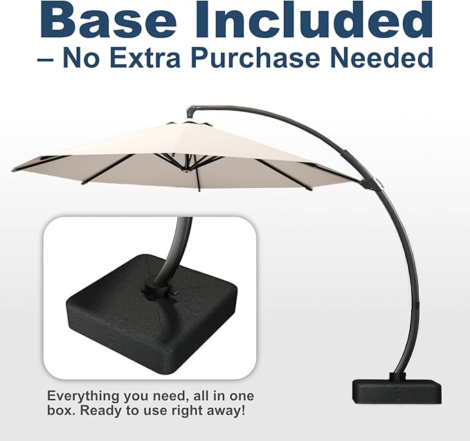 12FT Cantilever Umbrella with Base Large Curvy Outdoor Aluminum Offset Umbrella w/ 360° Rotation, UV Resistant Canopy for Patio, Garden, Backyard, Beige