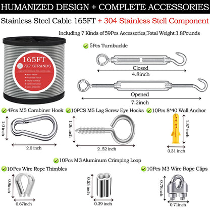 165FT Steel Cable Kit | M5 Turnbuckle & 1/8" Stainless Steel Wire Rope