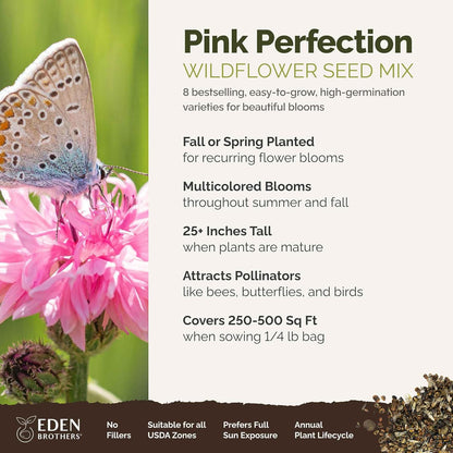Eden Brothers Pink Perfection Flower Mixed Seeds for Planting, 1/4 lb, 120,000+ Seeds with Zinnia, Cosmos Versailles | Attracts Pollinators, Plant in Spring or Fall, Zones 3, 4, 5, 6, 7, 8, 9, 10