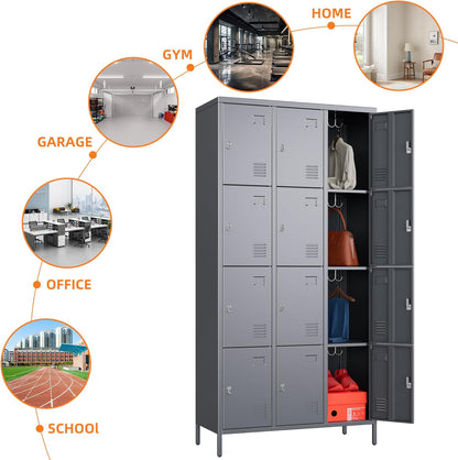 12 Doors Metal Lockers for Employees with 12 Hooks, Storage Locker with Business Card Holder for Office Gym School Bedroom, Assembly Required, Dark Gray
