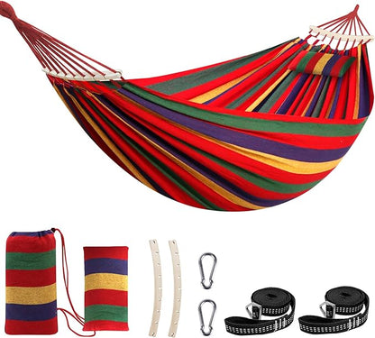 Chihee Cotton Hammock Large Soft Breathable Camping Hammock Holds Up to 660lbs Portable Tree Hammock with Detachable Spreader Bar Pillow 2 Strong Webbings 2 Carabiners Patio Garden Indoor Outdoor