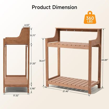 HDPS Potting Bench, All Weather Potting Table with 8 Hooks and Highten Tabletop, Easy Assembly Garden Work Bench, Outdoor Potting Benches for Outside Patio Lawn, 360LBS Capacity, Teak
