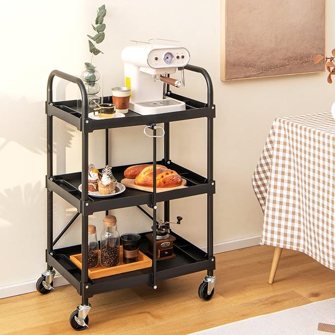 Goplus Folding Utility Cart on Wheels, 250lbs 3-Tier Rolling Tool Cart w/Lockable Casters & Compartments, Fast Fold up Collapsible Metal Service Cart for Office, Garage, Kitchen, Black