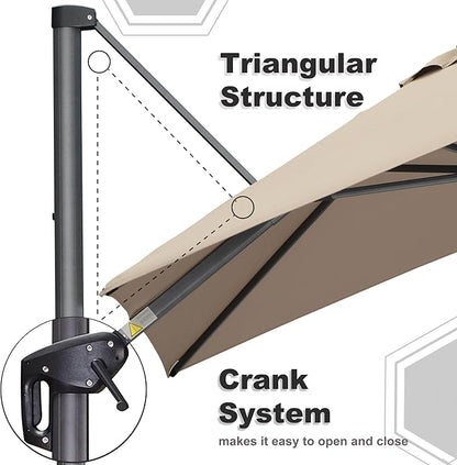 PURPLE LEAF 10' X 13' Patio Umbrella Outdoor Cantilever Rectangle Umbrella Aluminum Offset Umbrella with 360-degree Rotation for Garden Deck Pool Patio Taupe