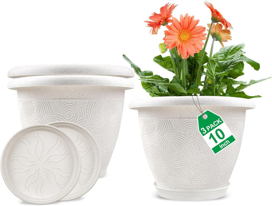 Plastic Flower Pots Planters for Indoor Plants, 3 Pack 10 Inch White Plant Pots with Drainage Hole & Tray, Modern Decorative Large Plant Pot with Saucer for Indoor Outdoor Plants Garden House Planter