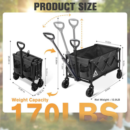 Wagon Cart Shopping Foldable Folding Collapsible with Wheels Big On Beach Garden Outdoor Grocery Heavy Duty Utility All Terrain Portable Wagons Carts for Groceries Sand Camping Sports Black