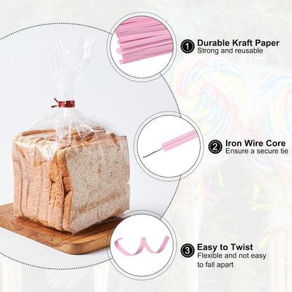 HARFINGTON 1000pcs Bag Twist Ties 3.5" Reusable Kraft Paper Twist Ties Wire Cable Ties for Party Bread Candy Cake, Light Pink