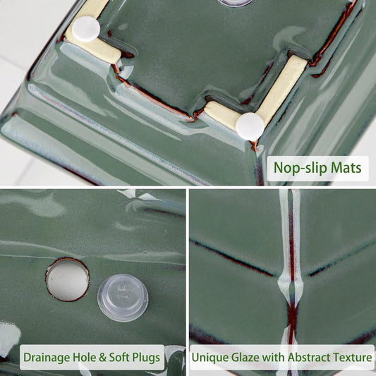 Ceramic Bonsai Pots with Drainage Hole Set of 2, Green Glazed Bonsai Planters for Indoor/Outdoor Use, Rectangular Shallow Bonzai Tree Pot for Succulent, Orchids, Cacti, Home, Patio, Garden, 8.7"x5.9"