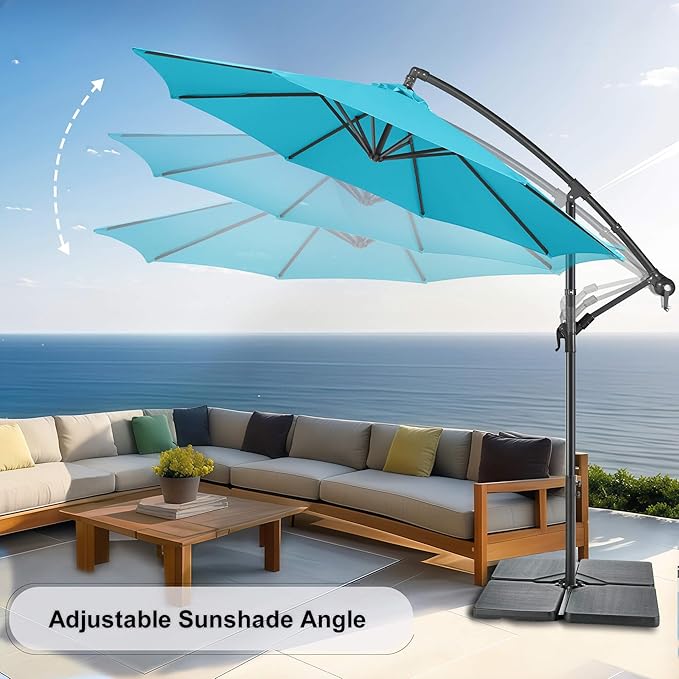 FLAME&SHADE 10ft Cantilever Patio Umbrella Outdoor, Large Offset Umbrella with Crank and Cross Base, UPF 50+ UV Protection Hanging Umbrella for Pool Deck Garden, Aqua Blue