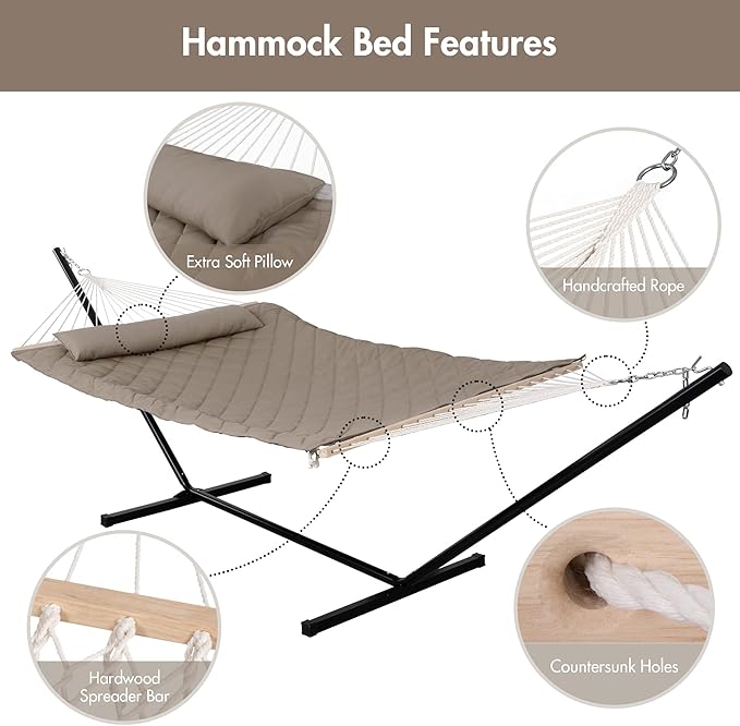 ANOW 2 Person Hammock with 12FT Heavy Duty Steel Stand, Double Rope Hammock with Detachable Pillow and Pad for Outdoors Indoors, 450 LBS Weight Capacity, Light Brown