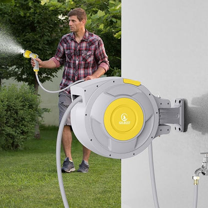 100 ft x 5/8" Retractable Garden Hose Reel, Heavy Duty Water Hose Reel Wall Mounted, Any Length Lock, 180°Swivel, Water Hose with 10-Function Nozzle for Cleaning, Watering(Yellow)