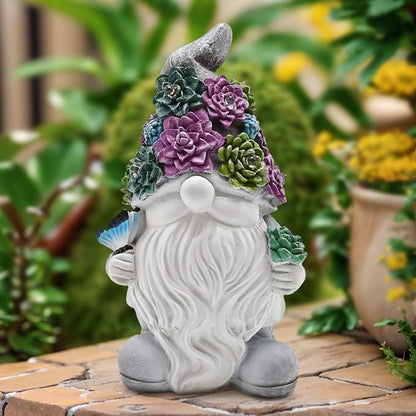 Solar Gnome Light up Figurine: Concrete Statue with Succulent & Butterfly Garden Decor Outdoor Decorations Yard Ornament - Mother’s Day Father’s Day Birthday Gift for Mom Dad Women
