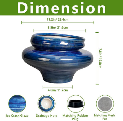 Ceramic Pots for Plants - 11 Inch Ceramic Planter for Indoor Outdoor, Unique Planters with Drainage Hole, Decorative Flower Pot, House Office Garden Decor, Plants Lover Gifts, Blue