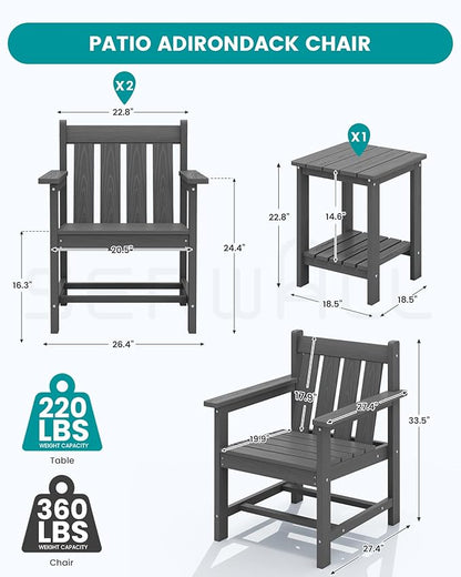 SERWALL Patio Furniture Set, HDPE Material All Weather Use Adirondack Chair Set with Side Table for Balcony, Porch, Garden, Backyard- Gray