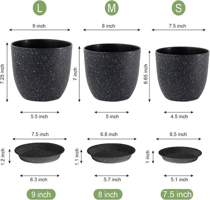 Modern Plant Pots Set, 9/8/7.5 inch Plastic Planters for Indoor Plants, Stylish Flower Pots with Drainage Holes and Saucers for House Plants and Flowers, Black Speckles